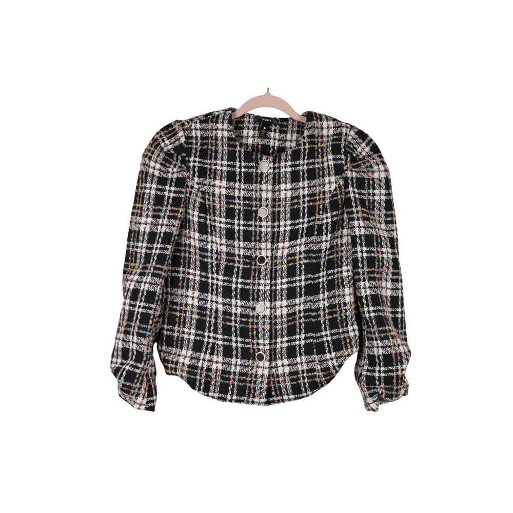 Aqua Modern Preppy Retro 90s Quiet Luxury B&W Tweed Tailored Crop Blazer Size M